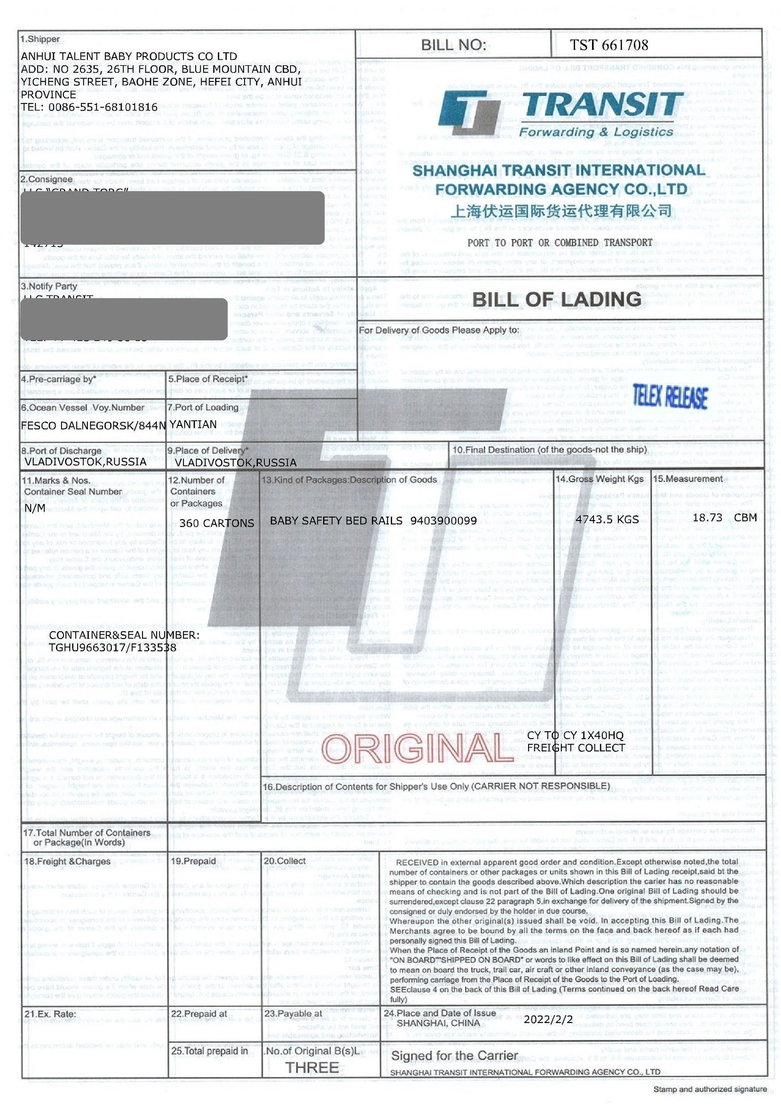 Telex release bill of lading for Australian destination