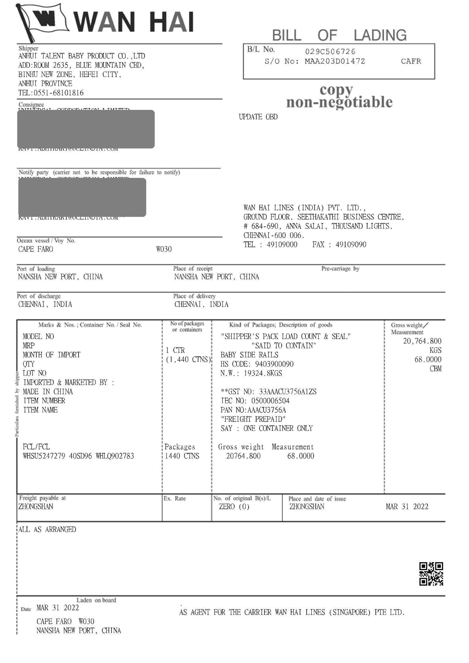 Master Bill of Lading document for shipment to Los Angeles Port